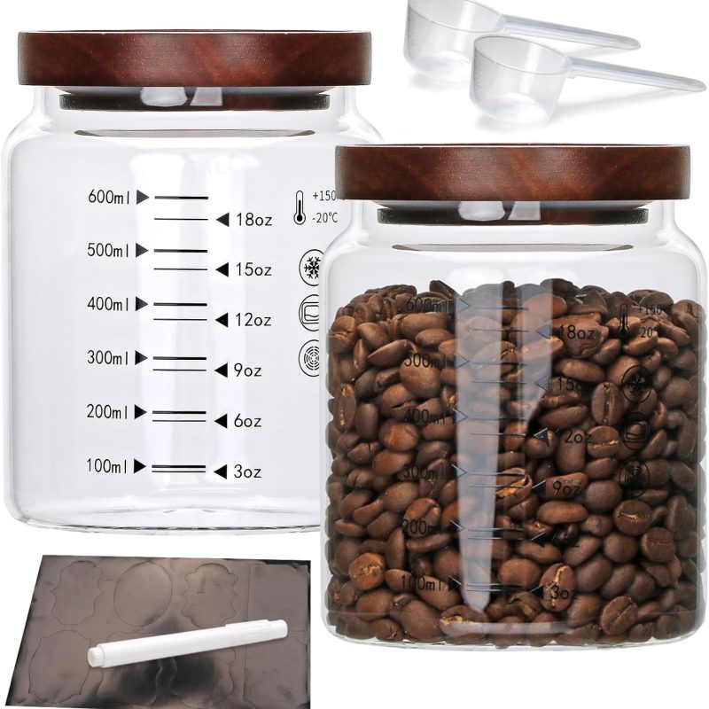 25 oz Glass Storage Containers, Airtight Food Jars, Kitchen Jar with Wooden Lid and Spoon, Storage Glass Jar for Tea, Spices, Flour, Coffee Beans, Pasta or Gift Giving, Pack of 2