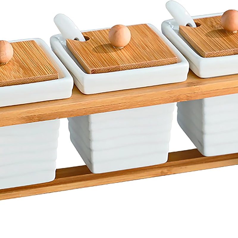 Set of 3 Ceramic Condiment Jars With Spoons & Bamboo Lids (White)
