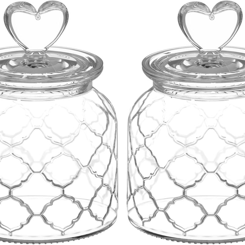 22 oz Clear Glass Canister with Cute Heart shaped Lids Set, Food Storage Glass Jars with Airtight Lids for Kitchen and Dining Room, Grid/Set of 2