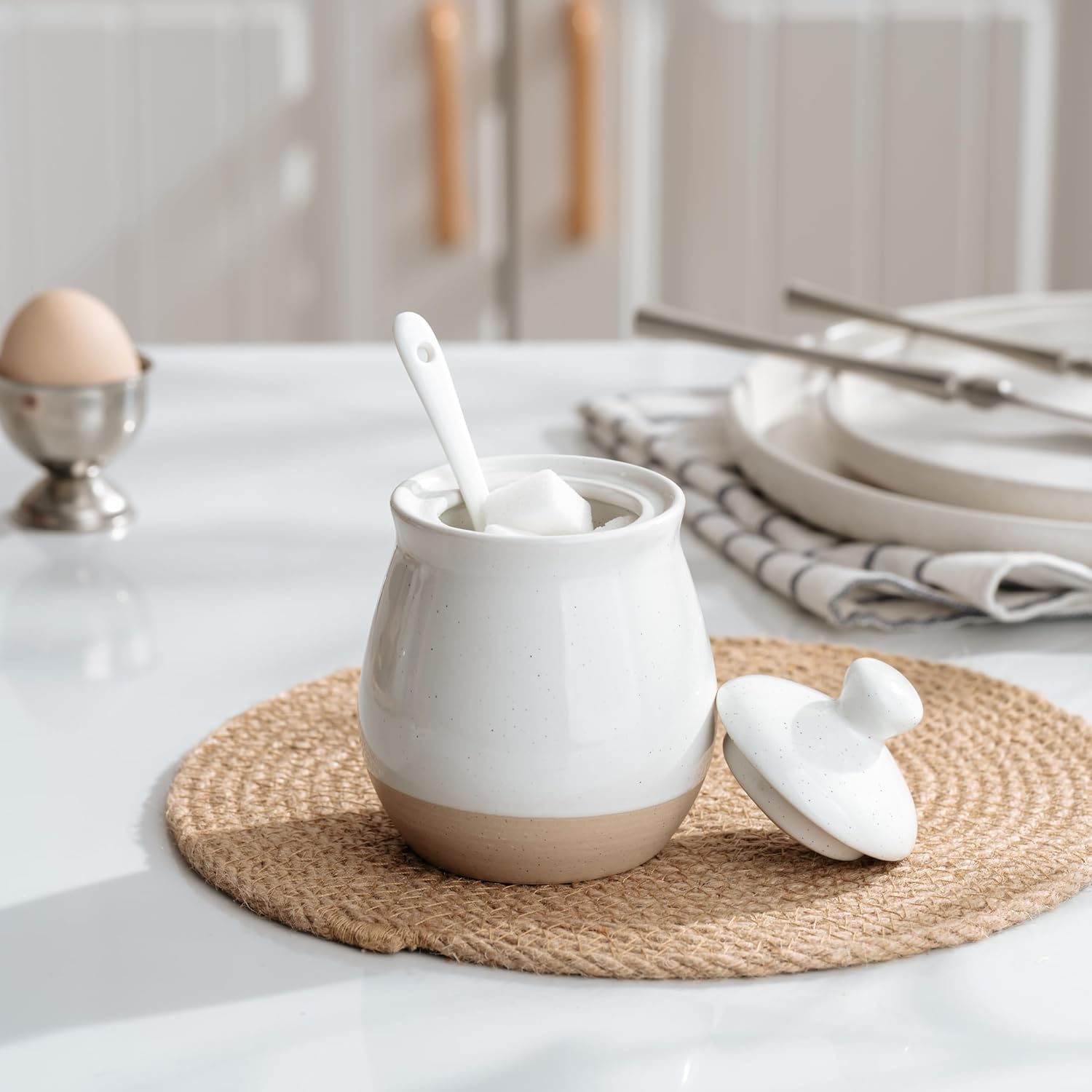 Sugar Bowl with Lid and Spoon, 10oz Ceramic Sugar Jar/Pot/Dispenser for Salt, Condiments, Spice, Seasonings, Sugar Container for Coffee Bar, Home, Kitchen, and Countertop, White - Image 2