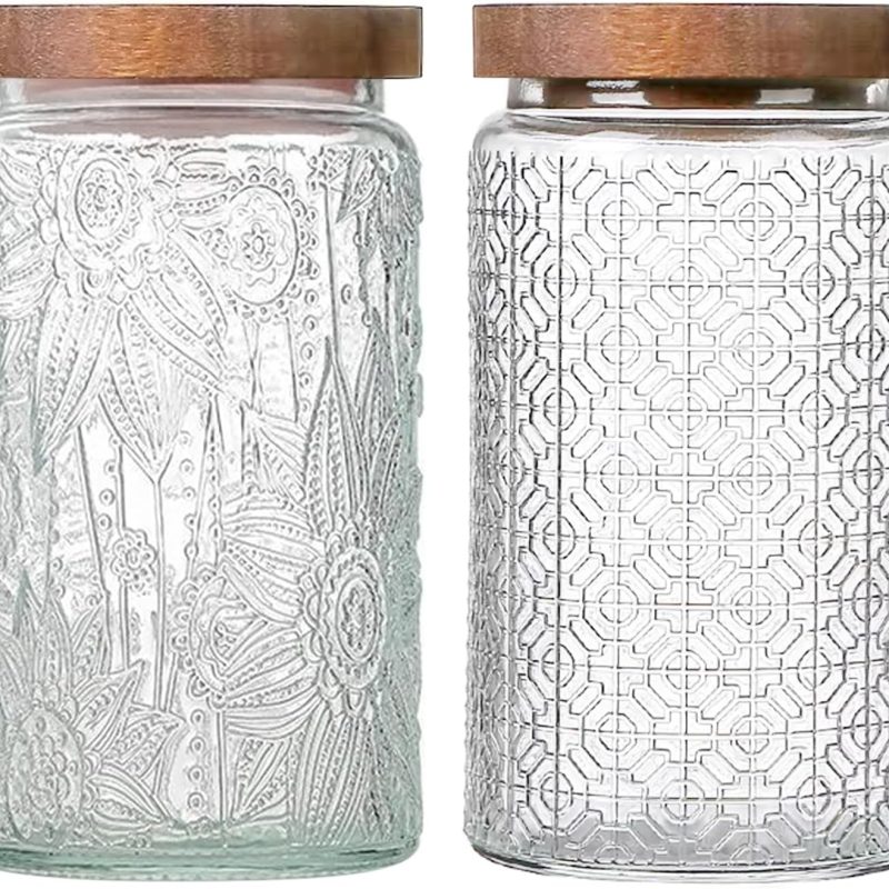 Vintage Glass Jars with Wooden Lids, 2 Pack 34 oz Airtight Glass Food Storage Containers Sets for the Kitchen, Sugar Coffee Candy Spice Cookie Tea Pasta
