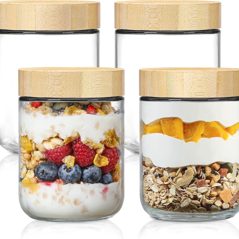 4-pack 16oz Glass jars with Airtight Lids, Overnight Oats Containers with Bamboo Lids, Wide mouth Mason Salad jars, Glass Food Storage Containers for Snacks Yogurt Spice Sugar