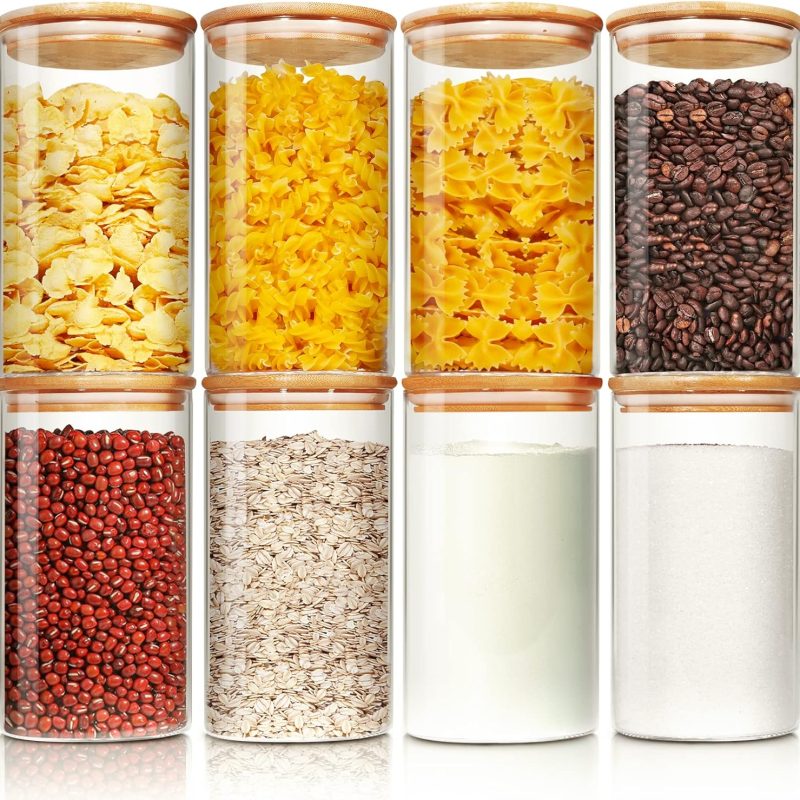 Glass Jars with Bamboo Lids 30 floz [Set of 8], Glass Canisters with Airtight Lids, Glass Food Storage Containers for Pasta, Oats, Coffee, Flour, Sugar, Rice, Best for Kitchen & Pantry