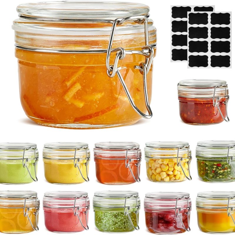 4oz Small Airtight Glass Jars Set of 12 with Lids Food Storage Jar Round, Mason Jar, Mini Storage Container with Clear Preserving Seal Wire Clip Fastening for Kitchen Canning, Jam, Spice, Honey