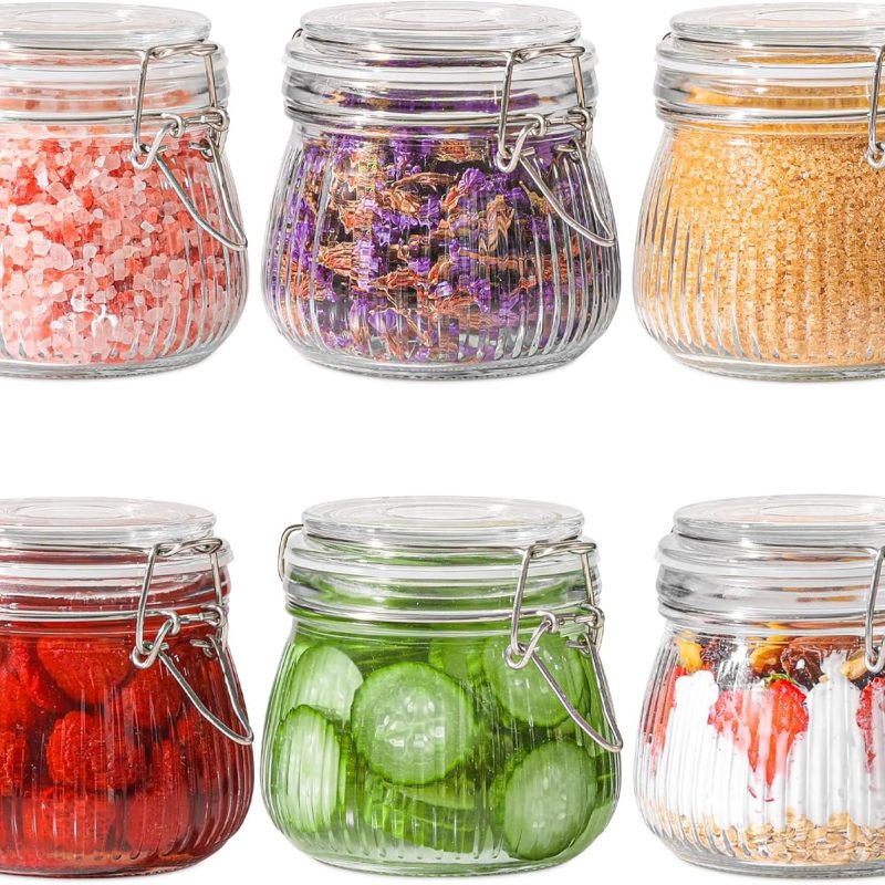 Airtight Glass jar with lid 17oz Set of 6, Glass Storage Containers with Lids, Glass Canister, Mason Jars, Small Striped Clip Fastening Jar for Kitchen Canning, Overnight Oats, Pickle, Spice