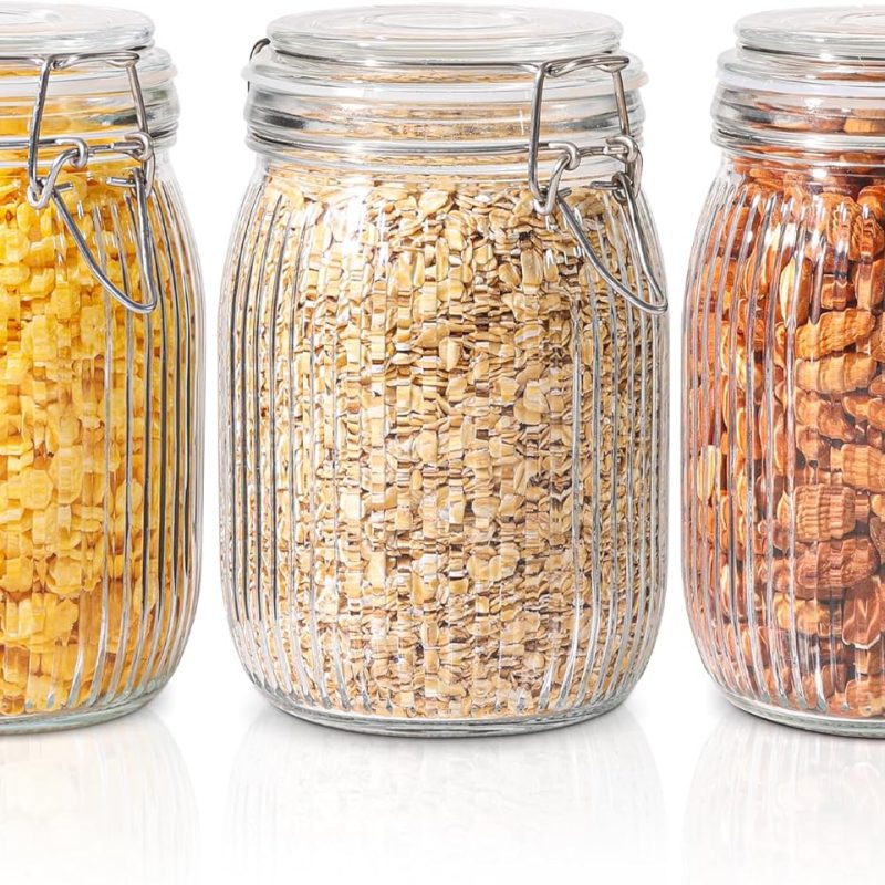Airtight Glass jar with lid 37oz Set of 3, Glass Storage Containers with Lids, Glass Canisters, Striped Clip Fastening Jar for Kitchen Canning, Tea, Pasta, Sugar, Beans, Cookie, Jam, Oat