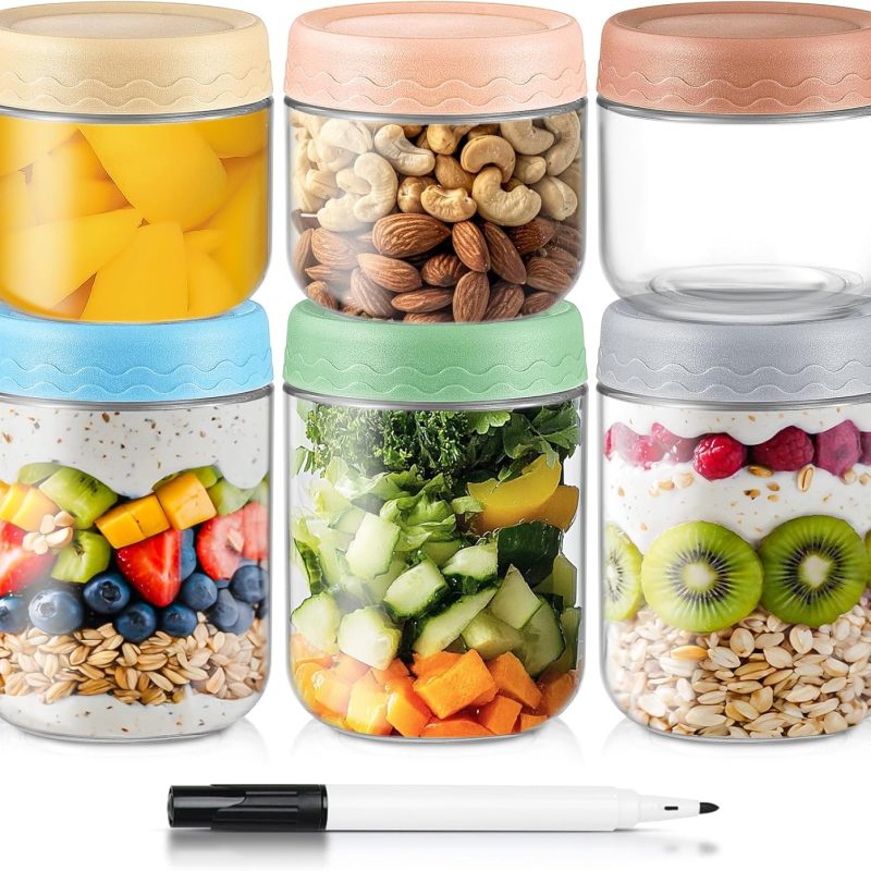 10 & 16 Oz Overnight Oats Containers with Lids - 6 Pack Glass Storage Jars with Airtight Lids Wide Mouth Mason Food Jars Great for Meal Prep Salad Chia Puddirg Snacks Yogurt Sugar Spice Cereal