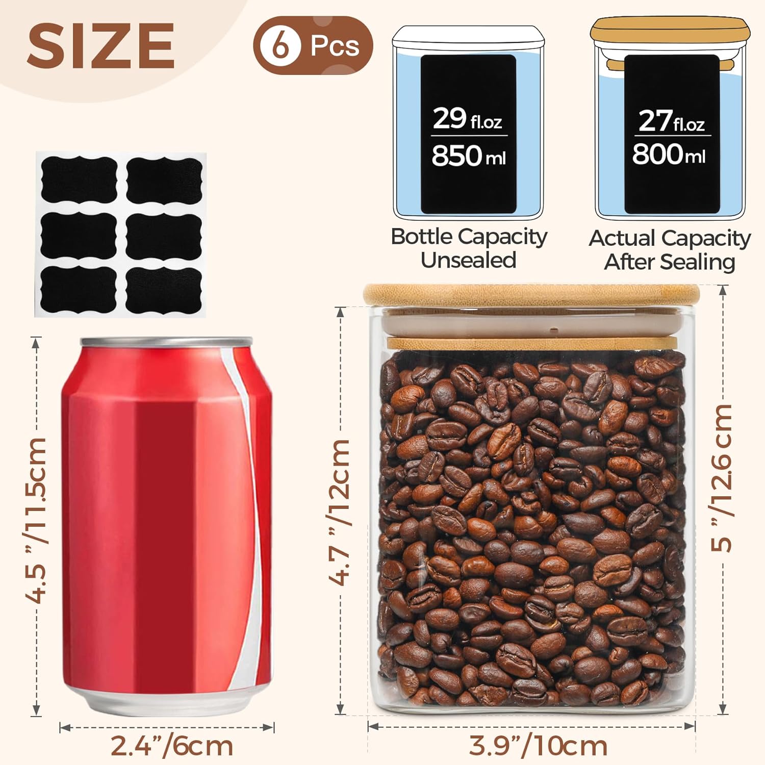 27 oz Glass Food Storage Jars Set of 6, Clear Storage Containers with Airtight Lids, Pantry Organization Jar, Spice Jar, Blooming Tea, Oat, Coffee and Sugar Container, Canister Set for Kitchen - Image 2