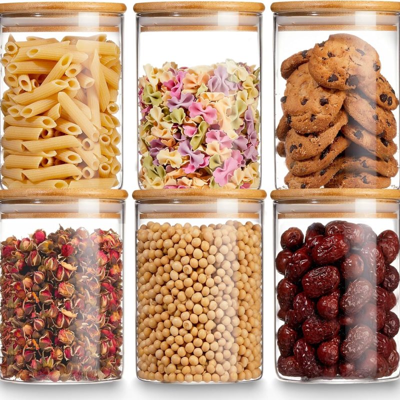 Glass Storage Jars with Bamboo Lid, 27 OZ Airtight Food Storage Jar with Labels, Clear Kitchen Canisters for Candy, Cookie, Rice, Coffee Beans, Snacks, Spices