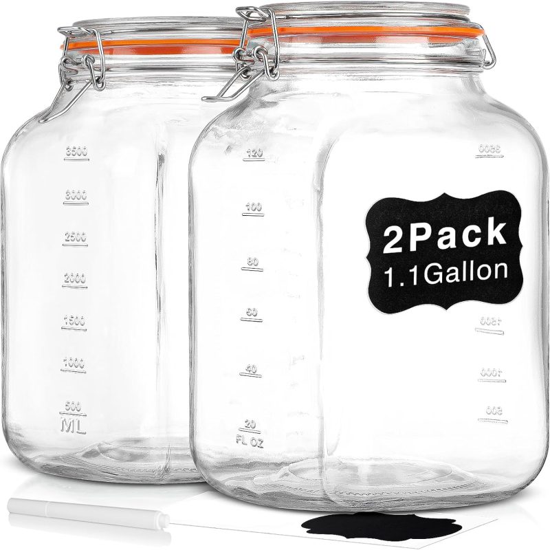 2 Pack Square Super Wide Mouth Airtight Glass Storage Jars with Lids, 1.1 Gallon Glass Jars with 2 Measurement Marks, Canning Jars with Leak-proof Lid for Kitchen(Extra Label and Gasket)