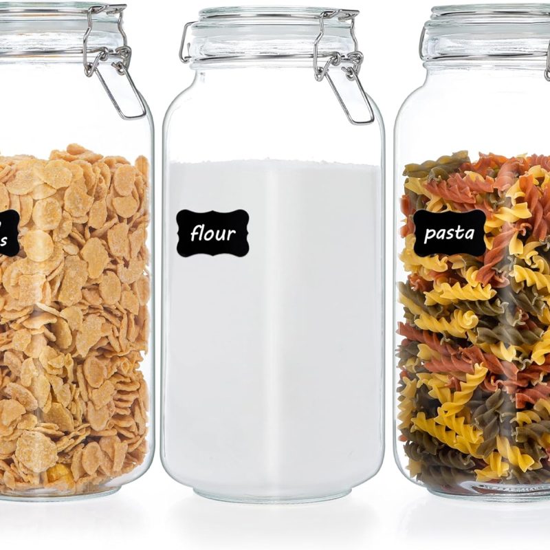 78oz Glass Food Storage Jars with Airtight Clamp Lids, 3 Pack Large Kitchen Canisters for Flour, Cereal, Coffee, Pasta and Canning, Square Mason Jar with 8 Chalkboard Labels