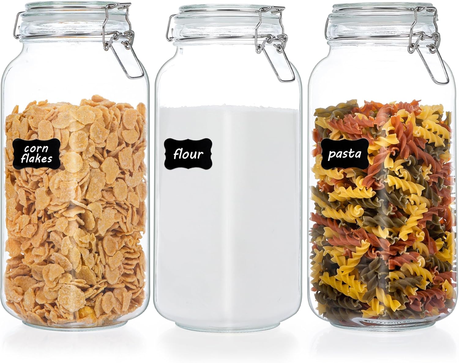 78oz Glass Food Storage Jars with Airtight Clamp Lids, 3 Pack Large Kitchen Canisters for Flour, Cereal, Coffee, Pasta and Canning, Square Mason Jar with 8 Chalkboard Labels
