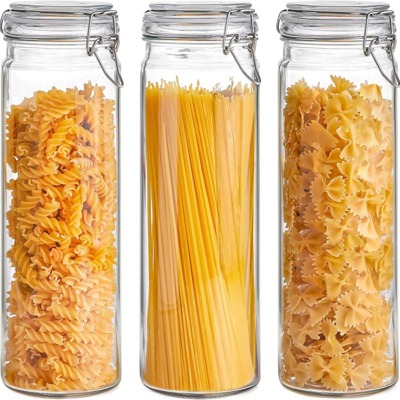60oz Airtight Glass Jars Set of 3 with Lids Food Storage Jar Round - Tall Spaghetti Container with Clear Preserving Seal Wire Clip Fastening, Pasta jar for Kitchen Canning, Nut,Oat, Dry Goods