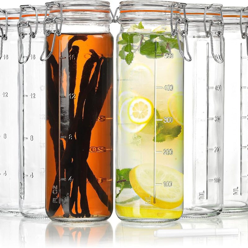 20 oz Glass Jars with Airtight Lids for Vanilla Extract, 6 Pack Glass Juice Bottles with 2 Measurement Marks, Glass Food Storage Canister Set For Beans, Spice, Tea, Drink, Milk. 600ML