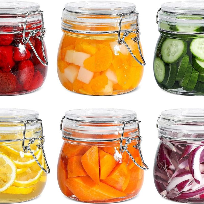 Airtight Glass Canister Set of 6 with Lids 17oz Food Storage Jar Round - Storage Container with Clear Preserving Seal Wire Clip Fastening for Kitchen Canning Cereal,Pasta,Sugar,Beans,Spice