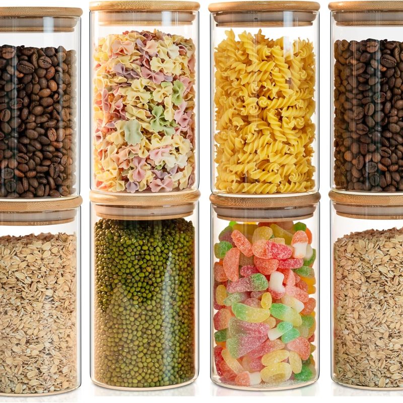 Glass Food Storage Jars Set of 8,26oz-Glass Storage Containers Clear Glass Food Canister with Bamboo Lid Airtight For Serving Tea, Coffee, Flour,Candy, Cookie, Spice(Round-8CMx15CM)